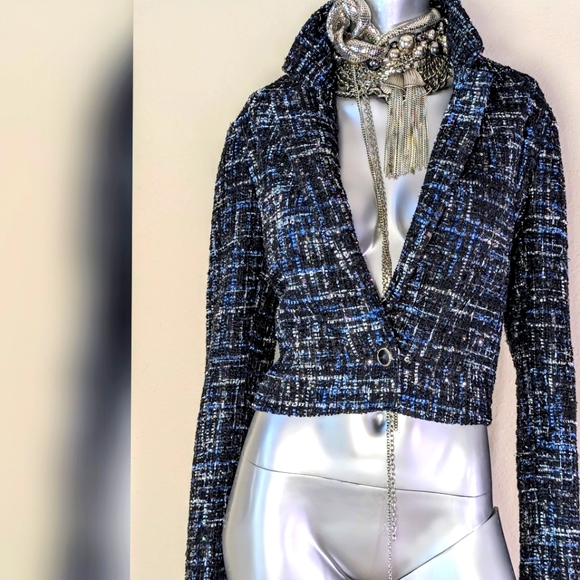 "Bagatelle Collection" TWeed Cropped Dark Academia Sparkling One Button Jacket - Picture 8 of 10